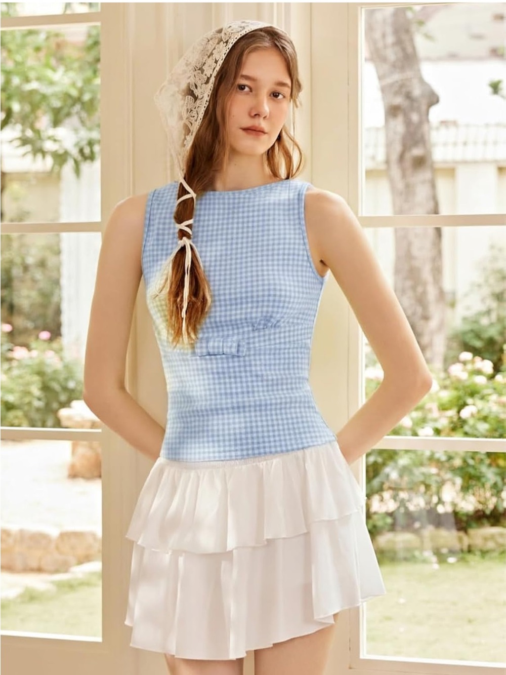 Cider Light Blue Gingham Sleeveless Tank Top